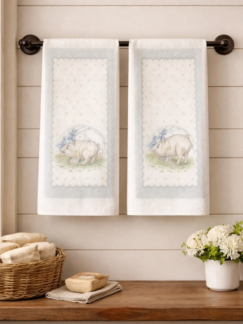 2 Vintage Fieldcrest Howard Kaplan Country Pig Towels- Cotton | 1980’s | 16x27